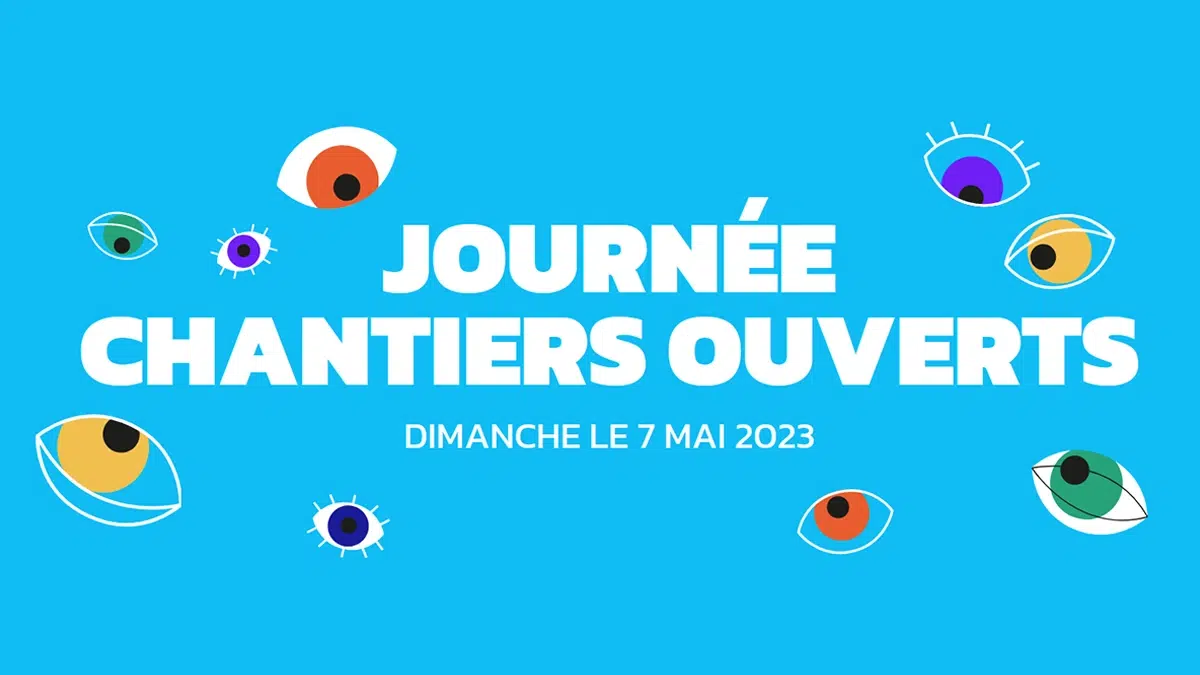 Infographie Journée Chantiers Ouverts, 7 mai 2023, fond bleu ciel avec yeux stylisés