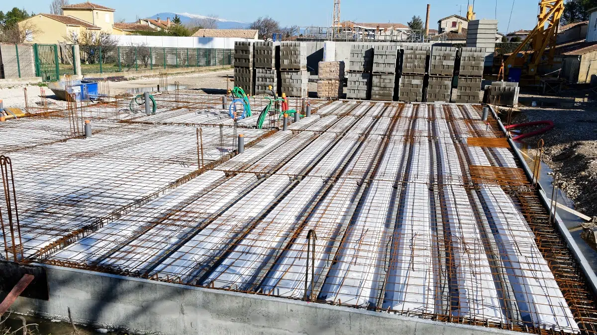 Photo montrant la mise en œuvre des fondations et du gros œuvre d'une maison en construction